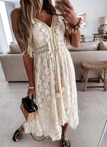 TW Lace Suspender Large Hem Smock Color sólido Vestido largo Traje de baño de playa Bikini Cover up - Product Image 6