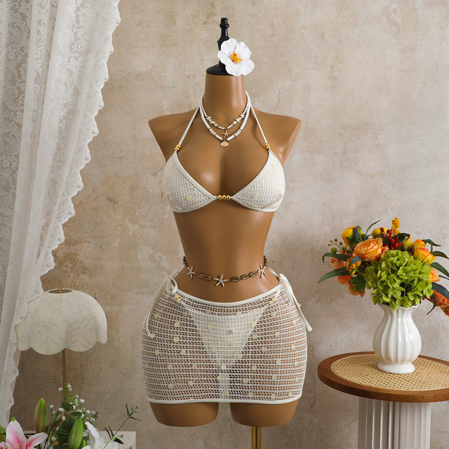 2026 New Retro Mesh Hollow Swimsuit Solid Color Sequin Bikini Sexy Bead String Bikini Women