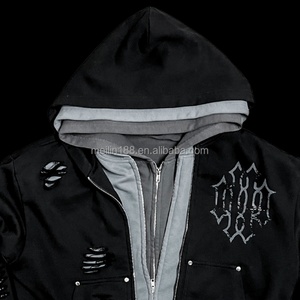 Custom Heavyweight Streetwear Hoodies for Men Boxy Fit Cropped <b>Zip</b> <b>up</b> <b>Jackets</b> Distressed Triple Layer Hoodies Manufacturer - Product Image 3