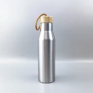 Botol air termos vakum dinding ganda, botol Stainless Steel tutup air bambu dengan tali pengangkat