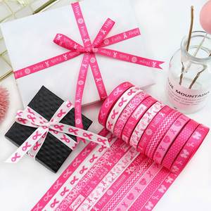ริบบิ้นผ้าซาตินพิมพ์ลายสีชมพูแบบสองหน้า ขนาด 1 ซม. ยาว 10 หลา สำหรับรณรงค์มะเร็งเต้านมและห่อของขวัญ - Product Image 1