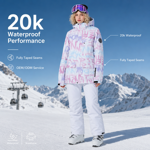 ชุดสกีกันน้ำ FLYSKI 20k ราคาโรงงาน ตัดเย็บตามสั่ง ตะเข็บปิดผนึกอย่างดี เสื้อแจ็คเก็ตสโนว์บอร์ดสำหรับผู้หญิง ดีไซน์หรูหรา พร้อมกางเกง ชุดเสื้อผ้าฤดูหนาว - Product Image 1