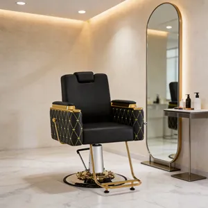 Fauteuil de <span class=keywords><strong>Barbier</strong></span> Luxe Or et Noir Robuste Hydraulique Inclinable pour Salon de Coiffure Mobilier de <span class=keywords><strong>Barbier</strong></span> Logo Personnalisé - Product Image 5