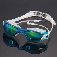 Lunettes de natation unisexes étanches anti-buée, monture intégrale en PVC, design plat HD, grandes lentilles en verre électroplaqué avec bouchons d'oreilles