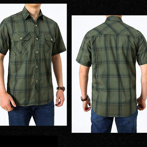 Mùa Hè Tay áo ngắn màu xanh lá cây Đôi Túi Áo Sơ Mi Nam Ngắn Tay nút áo flannel len kẻ sọc thiết kế - Product Image 5