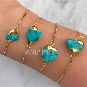 BM31401 Raw Turquoise Bracelet Gold Turquoise Nugget Adjustable Tumbled Turquoise 14k Gold Filled Box Chain Bridesmaid Gift