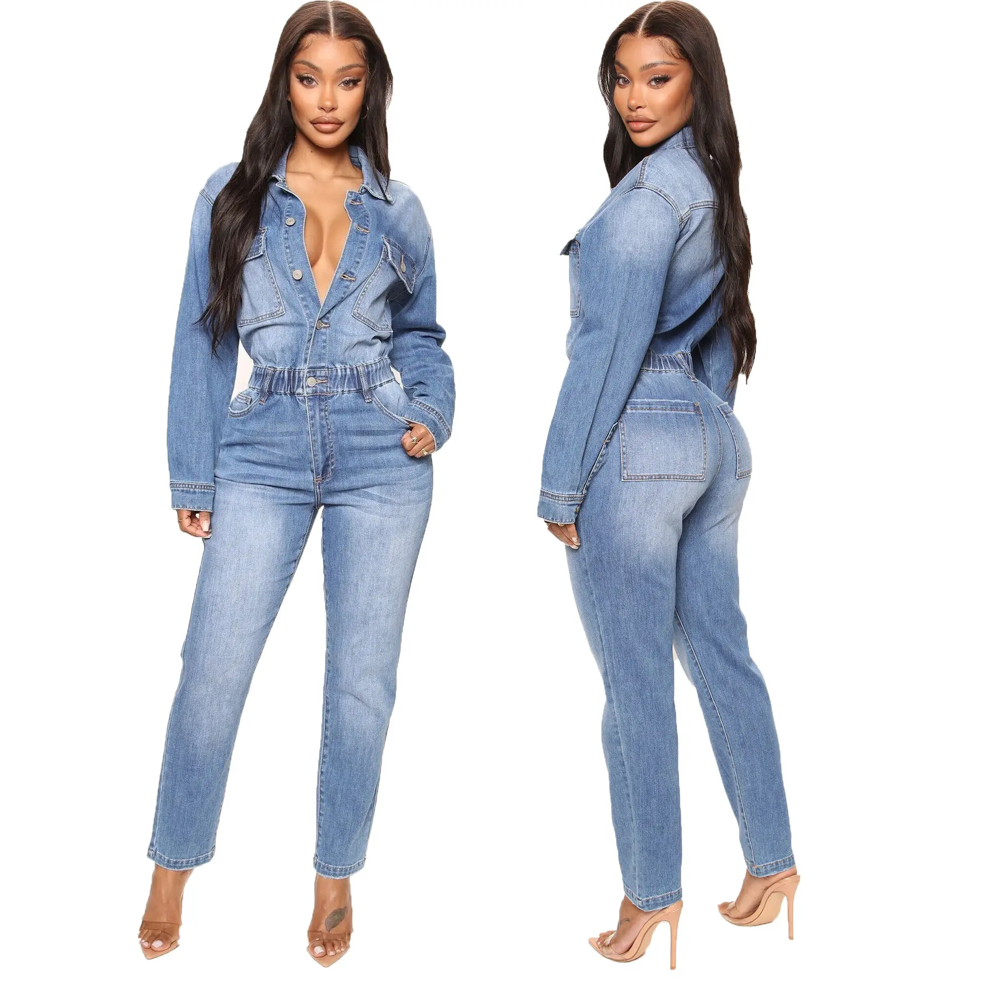 Hot Sale Women's Long Sleeve One Piece 2023 New Style Washed Fashion One Piece Jeans jumpsuits