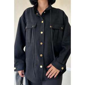 Chemise en daim noire à boutons pression pour femme, style minimaliste au quotidien, design simple, chemisier boutonné - Product Image 2