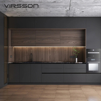 Meubles de cuisine modulaires en mélamine, construction en aggloméré, texture bois noir, tiroir et panier inclus pour usage domestique et commercial