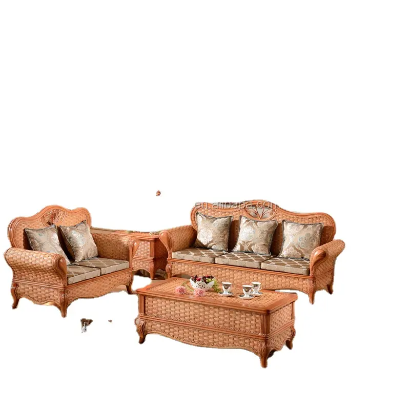 Tongkat Sofa 1 + 2 + 3 Set Sofa, Tongkat Rotan dengan Bantal Furnitur untuk Salon 2015 Dalam Ruangan Berkualitas Tinggi