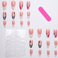24 faux ongles à presser pour Halloween, forme amande, French manucure, motif toile d'araignée fantôme mignon, réutilisables, en acrylique, pour femmes et filles