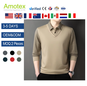 Camiseta informal de dos piezas con solapa para oficina de negocios para hombre, jersey de retazos de manga larga a la moda, polo con solapa a rayas - Product Image 1