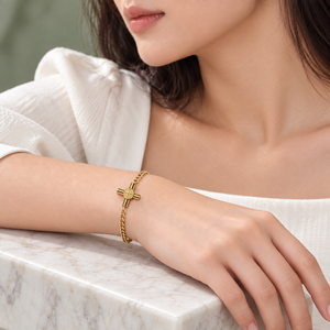 Cross <b>Medallion</b> Chain Bracelet, Stainless Steel, <b>Gold</b> and Silver Color Options, <b>Gold</b> Variant 14K <b>Gold</b> Vacuum Plated - Product Image 5