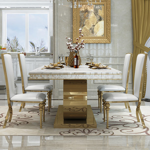 Set Tavolo da Pranzo Rettangolare Moderno con 6 Sedie, Piano in Marmo e Gambe in Acciaio Inossidabile, Arredamento per Soggiorno - Product Image 3