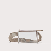 Sac bandoulière transparent à marque privée, MOQ 300 unités, avec corps transparent, sangle de taille réglable, poche zippée et personnalisation de la marque