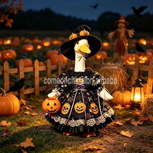 Déguisement d'oie de porche d'Halloween noir et or imprimé citrouille avec chapeau de sorcière, statue d'oie pour jardin extérieur, décoration de vacances - Product Image 2