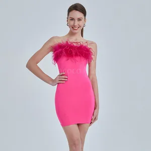 Hot Pink Evening Club Women Sleeveless Tube Dress Bodycon with Ostrich Feathers