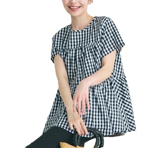 日韩新款女式夏季纯棉高端宽松纯色格子荷叶边圆领短袖衬衫 - Product Image 5