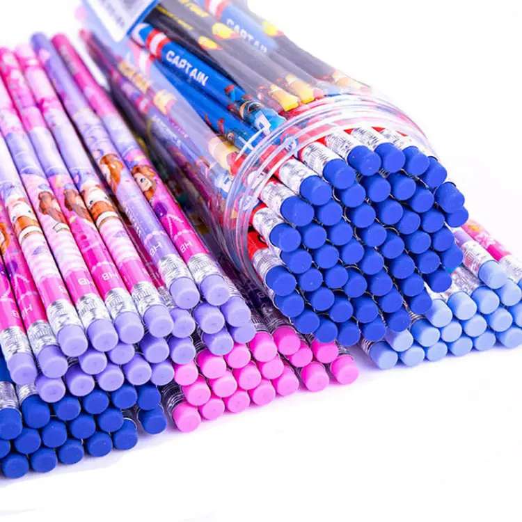 Crayon personnalisé imprimé dessin animé promotionnel crayon imprimé personnalisé marque HB crayon en bois avec gomme ensemble