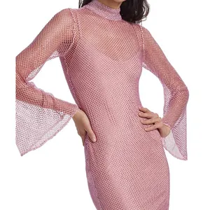 Custom Mock Turtleneck Long Bell Sleeves Casual Dress Fitted Netted Bodycon Mesh Mini Dress