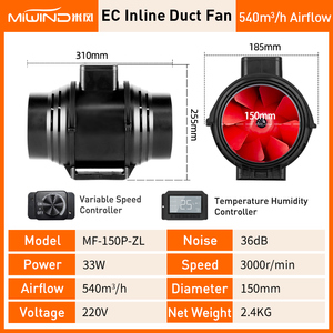 Ventilateur conduite en ligne, 370 CFM, 6 pouces, avec contrôleur de vitesse et moniteur d'humidité, pour tente de croissance - Product Image 5