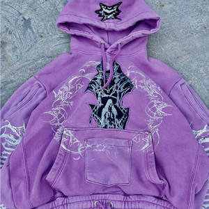 Sudadera con capucha unisex personalizada de corte ajustado y bajo con cordón, estilo invierno, con estampado gótico de demonio lavado al ácido y parche bordado, estilo Y2K <span class=keywords><strong>Grunge</strong></span> - Product Image 3