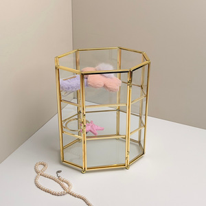 Boîte de rangement octogonale en verre transparent à trois couches avec cadre en métal, organisateur de bijoux, présentoir de bureau, or et argent - Product Image 2