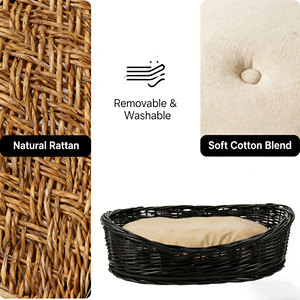 Eleganter Schwarzer Weidenkorb für Haustiere mit Weichem Kissen, Handgewebter Stilvoller Runder Katzen- und Hundeliege, Langlebig und Natürlich - Product Image 5