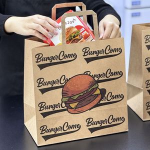 Custom Eco-Friendly Food Brown Kraft Paper Bags with Handle Custom Logo Printed for Fast Food <b>Snack</b> Takeout and Delivery Service - Product Image 3