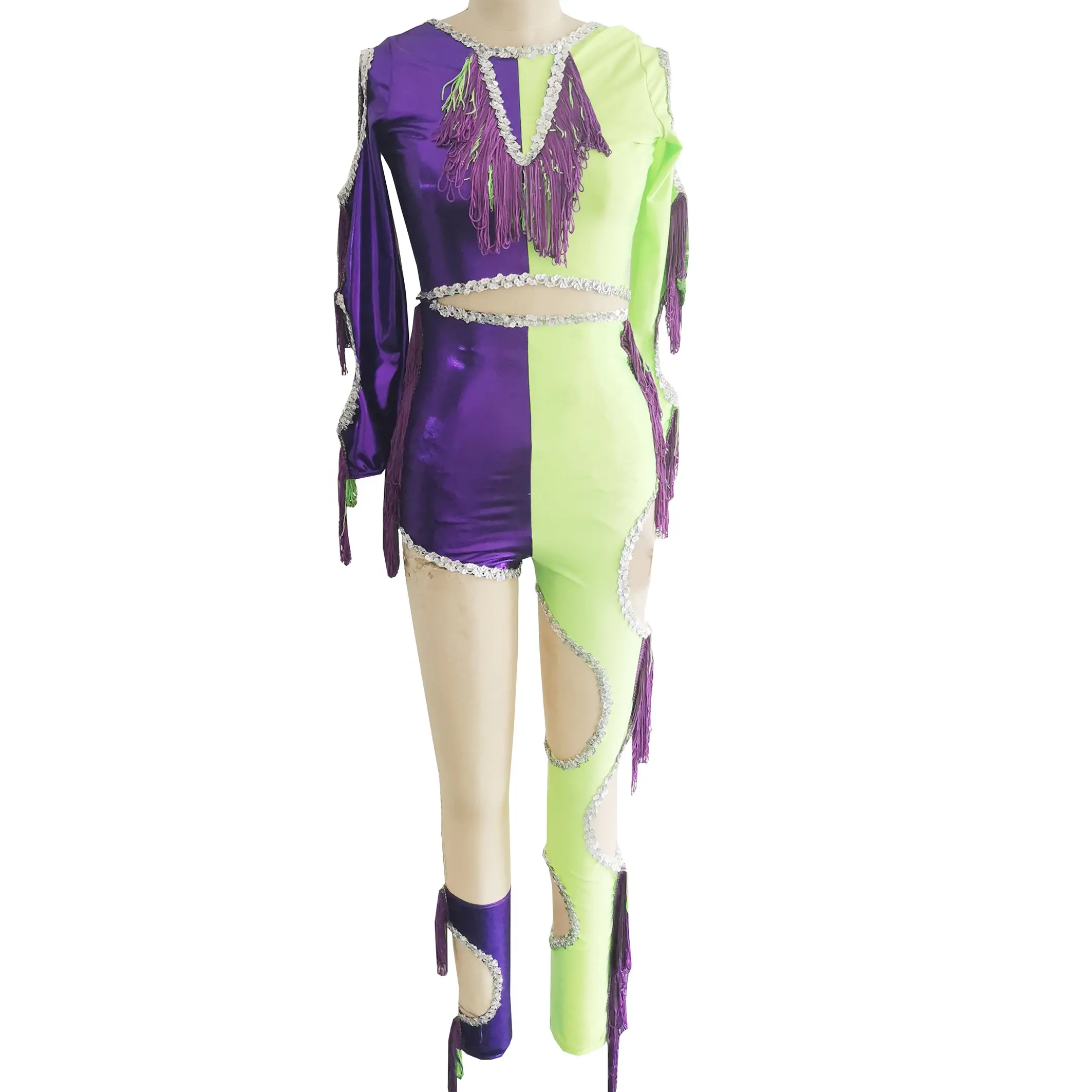 purple foil lime green dance leotard adult child jazz sequin dance costume one leg pant tassel stage performance Gymnastics suit