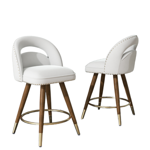 Set <strong>2</strong> 24-Inch Swivel Counter Height <strong>Bar</strong> <strong>Stools</strong> Adjustable Solid Wood Legs Velvet Backs Modern Design Iron Base Fixed Armrests - Product Image 1