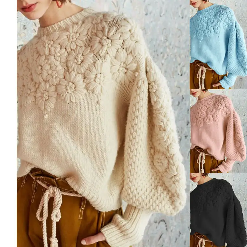 कस्टम लोगो सर्दियों बैगी ढीला Tricot महिला गुलाबी कारखानों लालटेन आस्तीन हाथ कढ़ाई महिला स्वेटर बुनना स्वेटर कस्टम