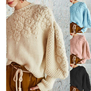 Baggy d'hiver personnalisé en tricot ample rose pour femmes <span class=keywords><strong>pull</strong></span> en tricot avant décontracté broderie à la main manches lanterne usines directes - Product Image 2
