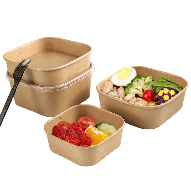 Disposable Salad Food Packing Containers Kraft Paper Plates Bowls square Paper Bowl with pp Lid