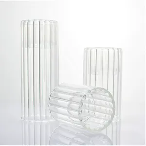 wholesale transparent ribbed cylinder tea light glass candle holders candlestick set