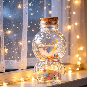Vente en gros de jolis pots à bonbons en verre transparent de 160 ml en forme de Doraemon, pot à vœux porte-bonheur avec bouchon en bois - Product Image 3