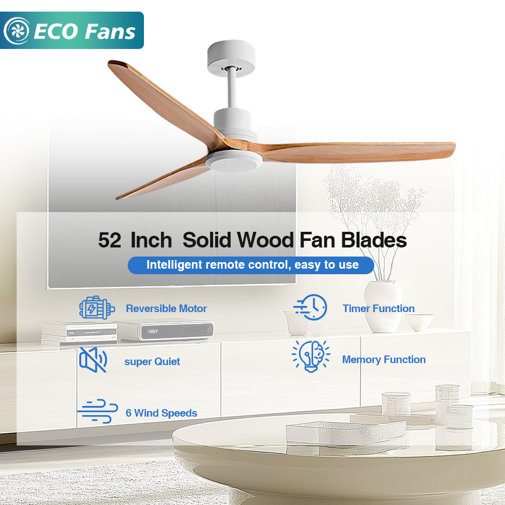 Solid Wood 52 Inch Ceiling Fan Without Light, 3 Wood Blades 6 Speeds Control Reversible DC Motor, Ceiling Fan for Indoor Outdoor
