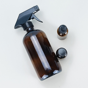 Stocked 500ml/16oz Transparent amber Boston round Glass <b>Mist</b> Spray <b>Bottle</b> Empty & Refillable with Trigger Pump Sprayer - Product Image 2