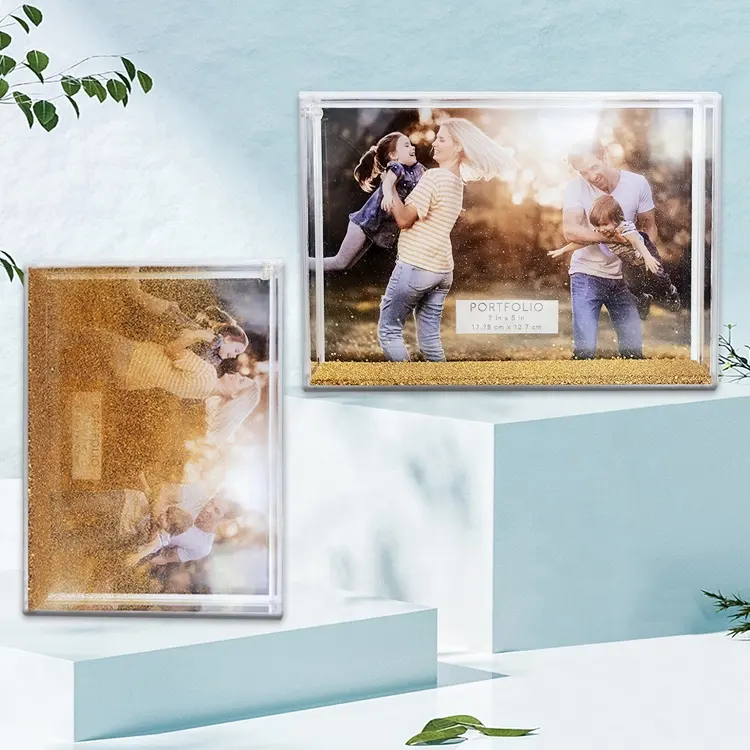 Marco de fotos de acrílico transparente y transparente de 5*7 con diseño de purpurina de resina líquida para regalo de recuerdo de decoración para imágenes de agua