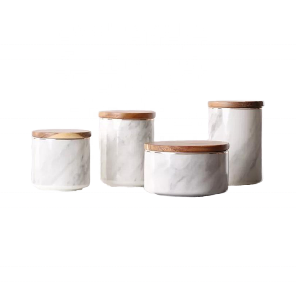 Nordic Luxury Marble Ceramic Eco-Friendly Durable Multifunction Cylinder Coffee Bean Jar Wooden Lid Custom Kitchen Storage