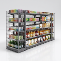 Étagères modulaires robustes en métal couleur anthracite pour magasins de proximité, gondoles double face à dos grillagé, présentoirs de vente au détail multi-baies