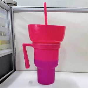 Gobelet 2-en-1 personnalisé en plastique minimaliste pour collations et boissons avec support de bol et pailles, capacité 32oz, isolation thermique pour festivals - Product Image 3