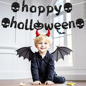 Guirlande d'Halloween avec lettrage noir et paillettes dorées, fournitures de fête, décorations réutilisables en papier, utilisation intérieure et extérieure - Product Image 2