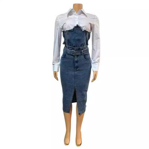 <b>Patchwork</b> Shirt Slit <b>Skirt</b> Women's Casual Denim 2-piece Set Fashion - Product Image 1