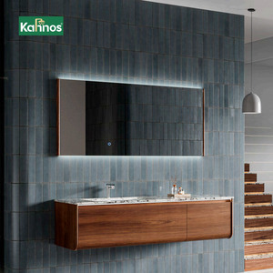 Meuble-lavabo mural moderne en bois massif avec miroir LED, vasque en céramique et installation murale - Product Image 1