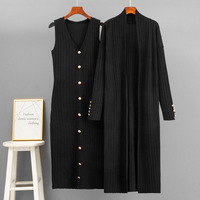 Ensemble Tricoté Twin-set pour Femmes Col en V Robe Midi sans Manches Gilet à Manches Longues Vêtements pour Femmes