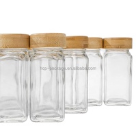 Diskon besar 120ml tutup kayu bambu kaca stoples bumbu 4oz tipe persegi stoples bumbu dapat kemasan tetap grosir