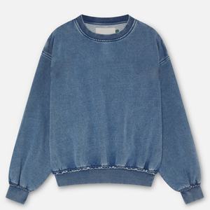 Sudadera Azul Denim Lavado de Algodón Grueso con Forro Polar, Cuello Redondo Acanalado, Hombros Caídos, Sudadera con Capucha Tipo Pullover para Unisex - Product Image 1