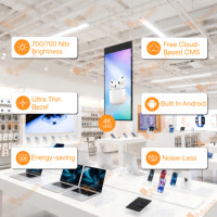 Layar LCD Indoor 4K 700 Nits untuk Jendela, Tampilan Digital CMS Gantung Satu Sisi/Dua Sisi untuk Iklan Toko Ritel