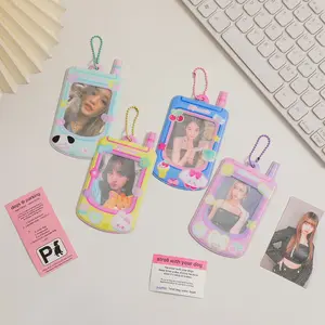 키 체인 PVC 플라스틱 사진 카드 홀더이있는 3 인치 Kawaii Kpop 귀여운 휴대 전화 모양 포토 카드 보호 슬리브 케이스